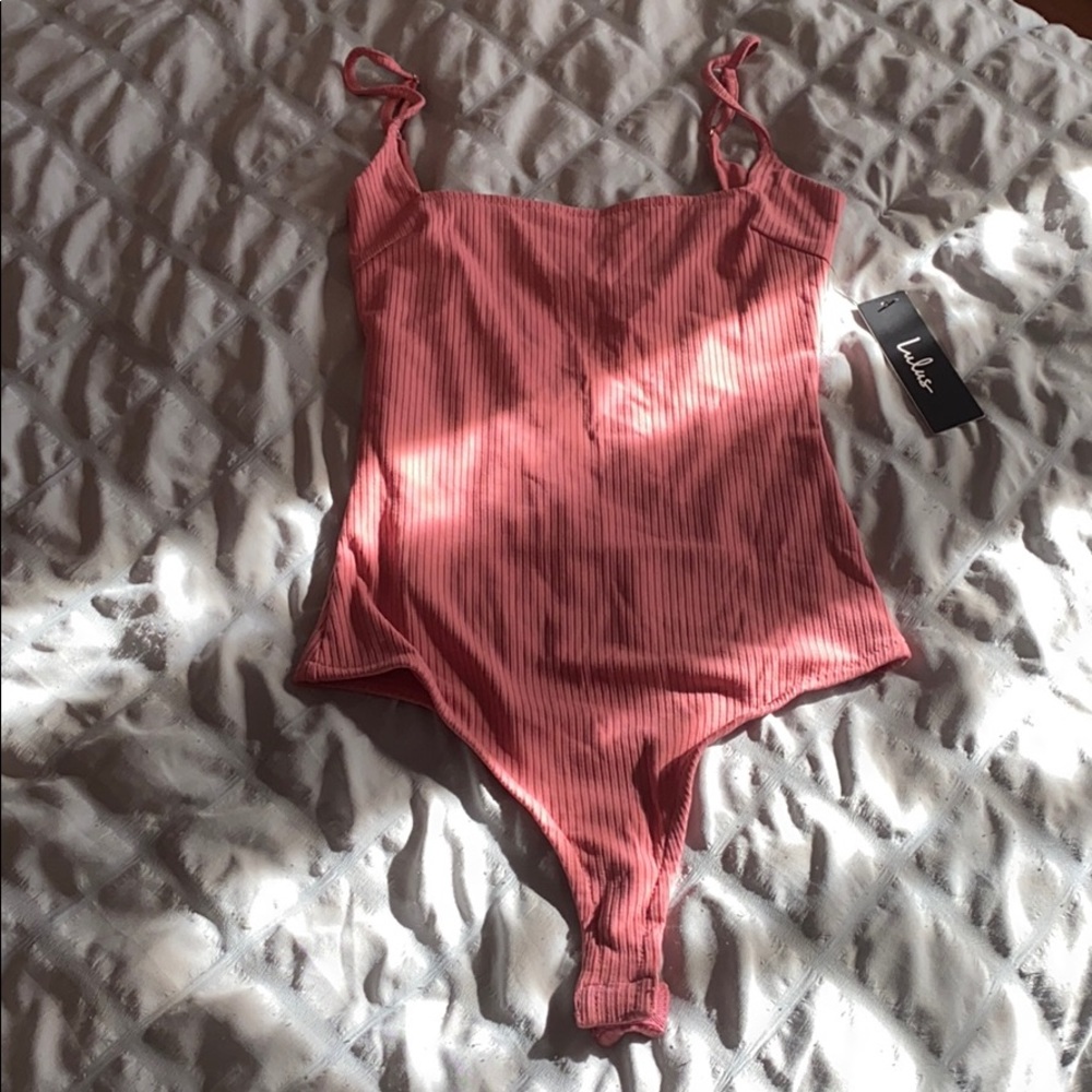 Lulus Pink Ribbed Square Neck Spaghetti Strap Bodysuit
